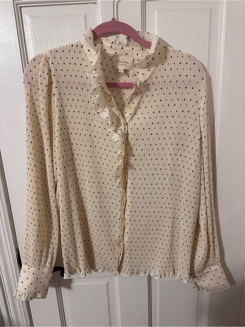 Sezane Cream Blouse with Black Dot Ruffles